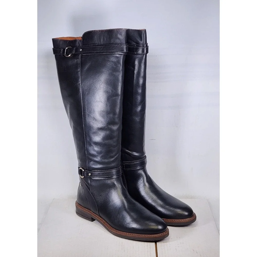 Pikolinos Aldaya Boots Women Size 10 Black Leather Tall Knee High Riding Straps